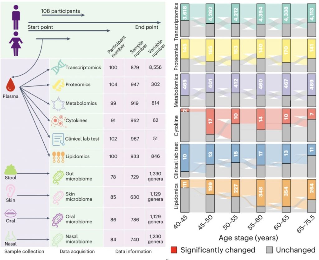 研究分析從108人收集到的生物樣本，包含逾萬種基因、302種蛋白質、814 種代謝物質、66種細胞因子、846種脂肪分子、20多萬種微生物。